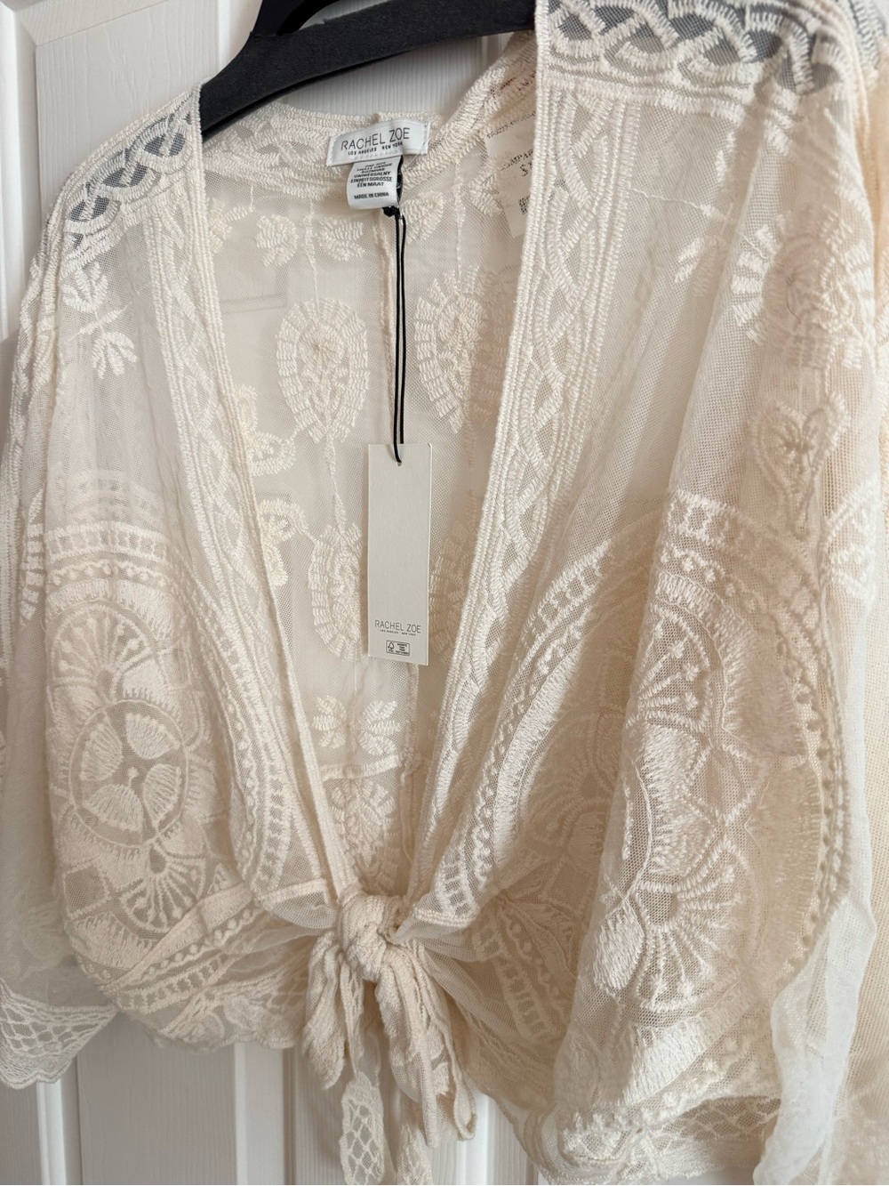 Rachel Zoe One Size Lace Tie-Front Sheer Top in Antique White